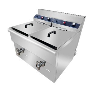 18L+18L Commercial Gas Double Tank Deep Fryer with Thermostatic Control and Battery Ignition, Stainless Steel Fryer with Oil Drain Valves