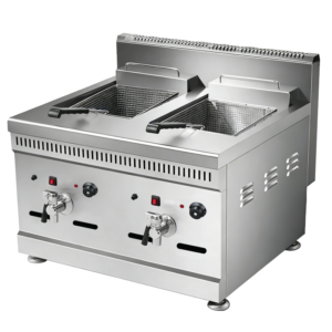 16L+16L Commercial Gas Double Tank Deep Fryer with Thermostatic Control and Battery Ignition, Stainless Steel Fryer with Oil Drain Valves