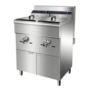 18L+18L Commercial Floor Standing Gas Double Tank Deep Fryer with Thermostatic Control and Battery Ignition, Stainless Steel Fryer with Oil Drain Valves