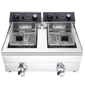 15+15L Commercial Electric Double Tank Deep Fryer with Timer and Oil Drain Valves, Stainless Steel Countertop Fryer with Two Baskets